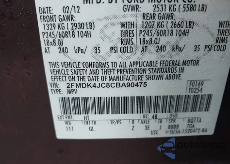 2012 Ford Edge Sel from USA, damaged, VIN 2FMDK4JC8CBA90475